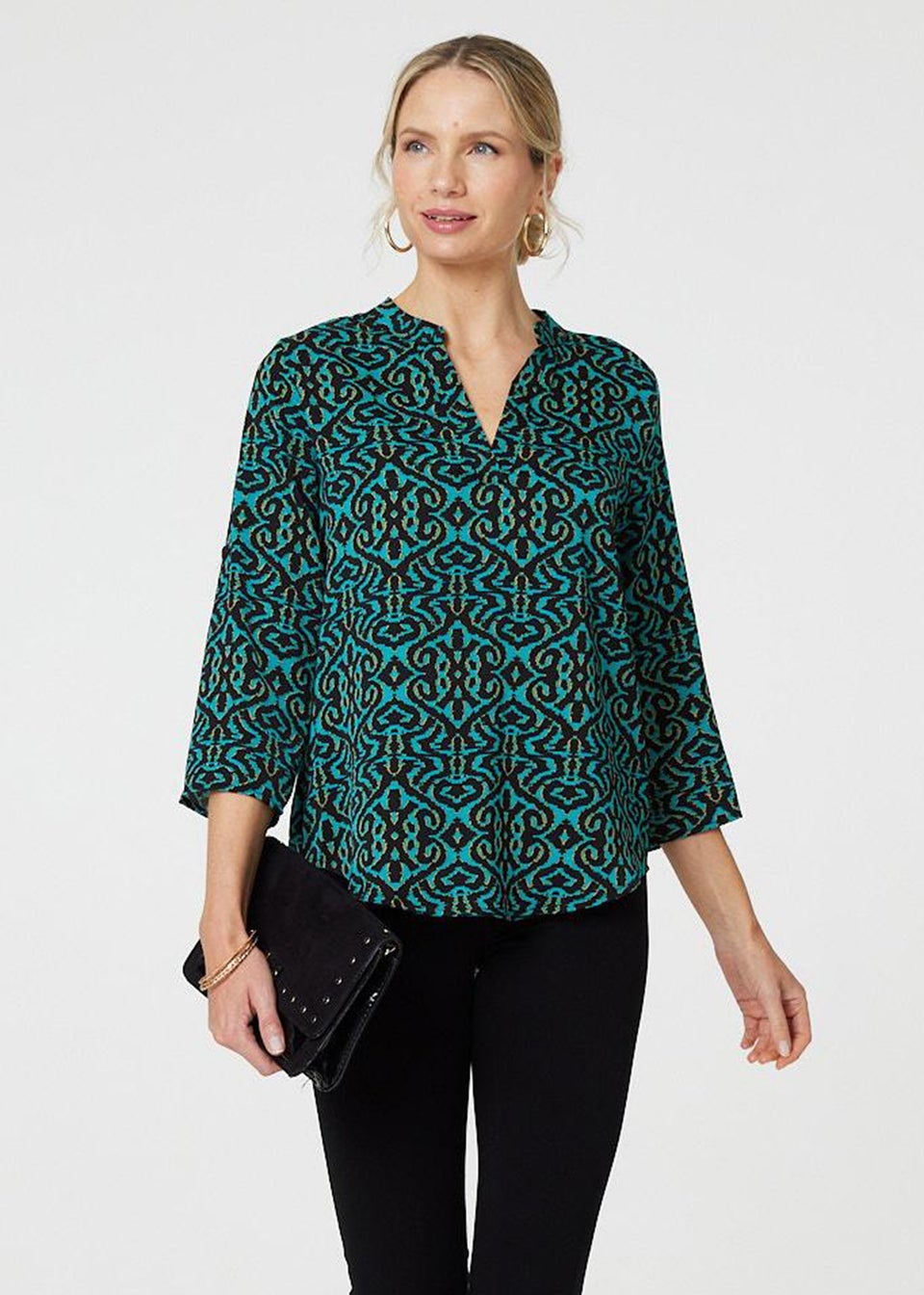 Izabel London Green Aztec Print Curve Hem Blouse