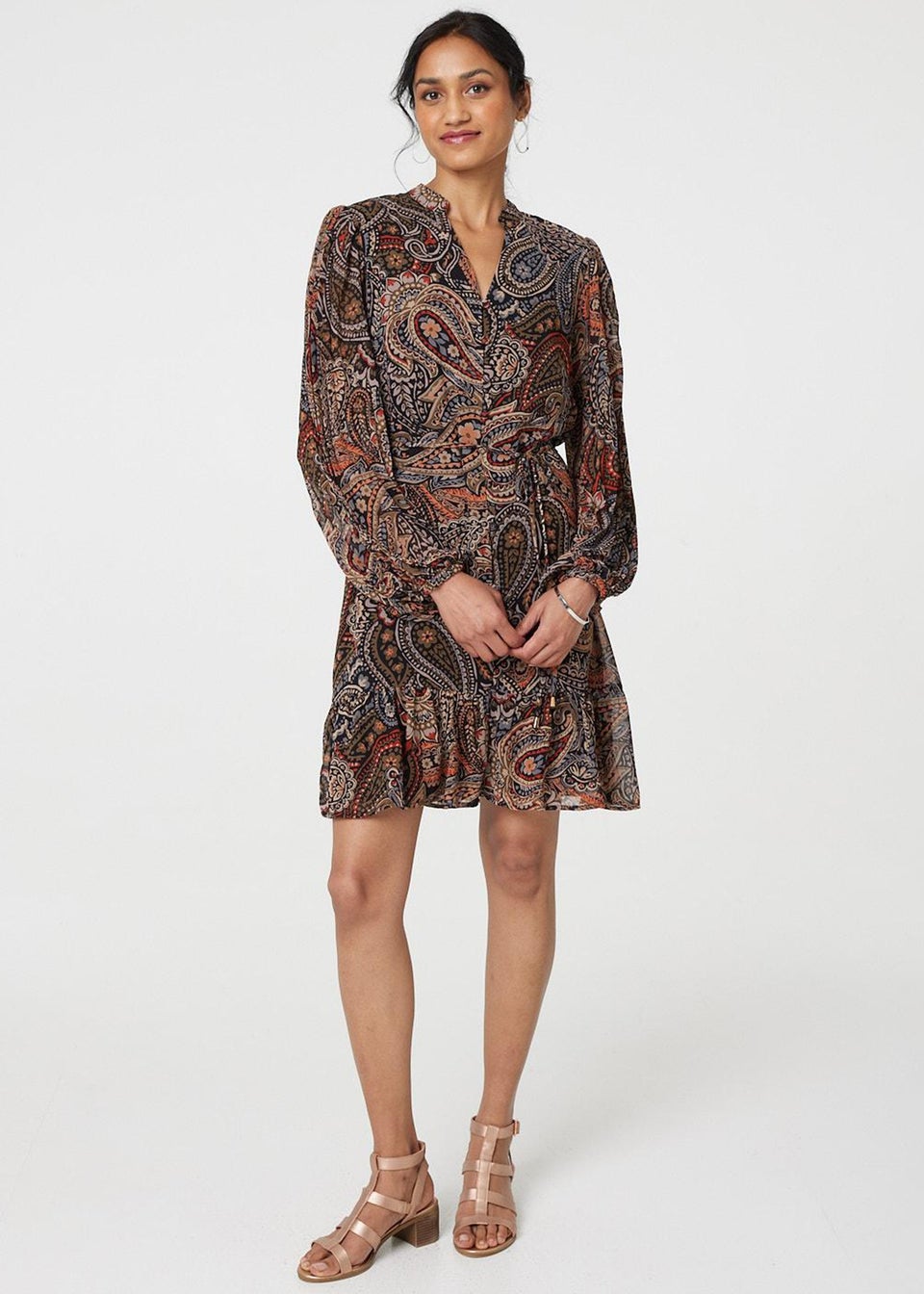 Izabel London Black Paisley Print Tie Waist Short Dress