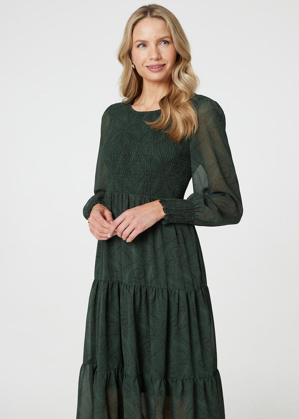 Izabel London Green Printed Sheer Layer Midi Smock Dress