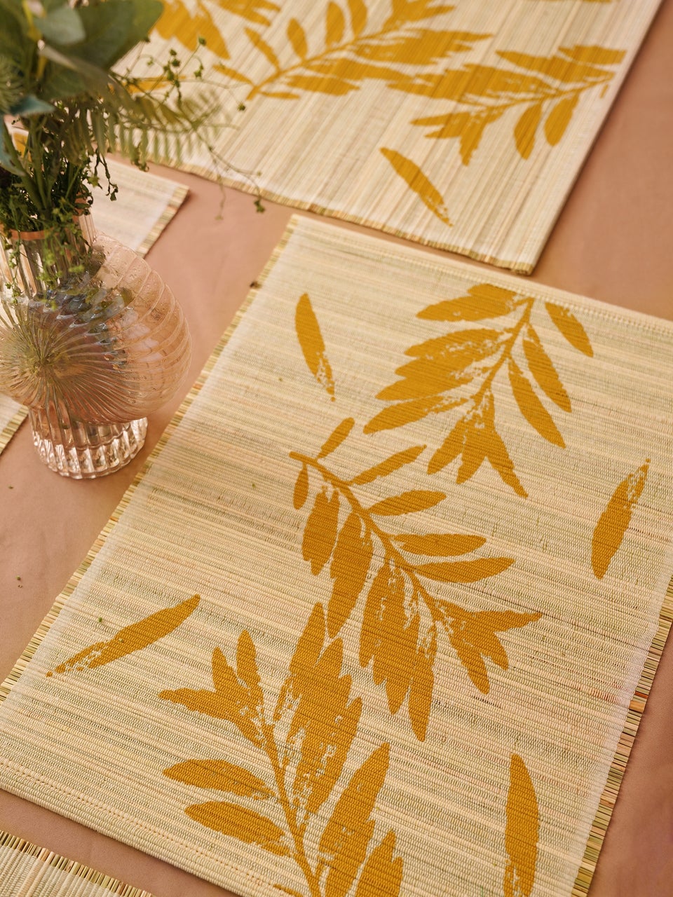 Mustard Yellow Korai Grass Hand Woven Flora And Fauna Mat Pack of 4