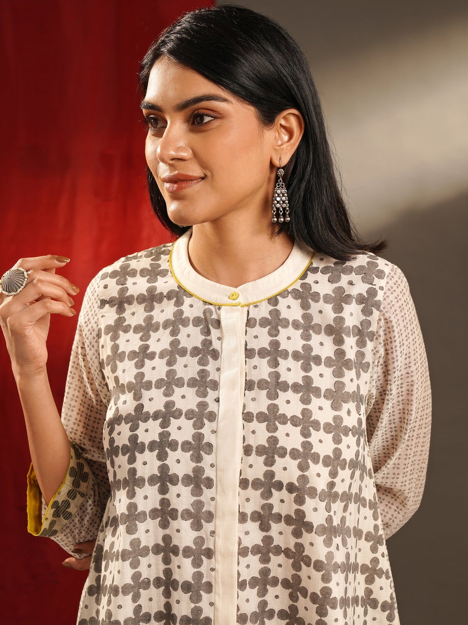 Women White Cotton Flared Block Print Printed 3/4th Sleeves Tunic