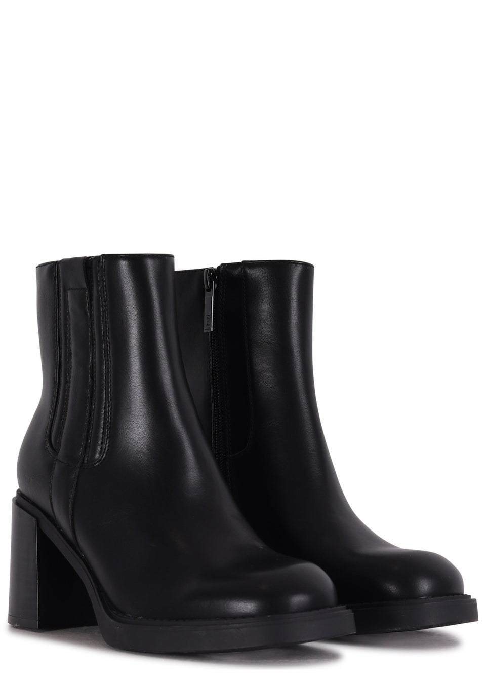 Black faux leather block heel ankle boots top