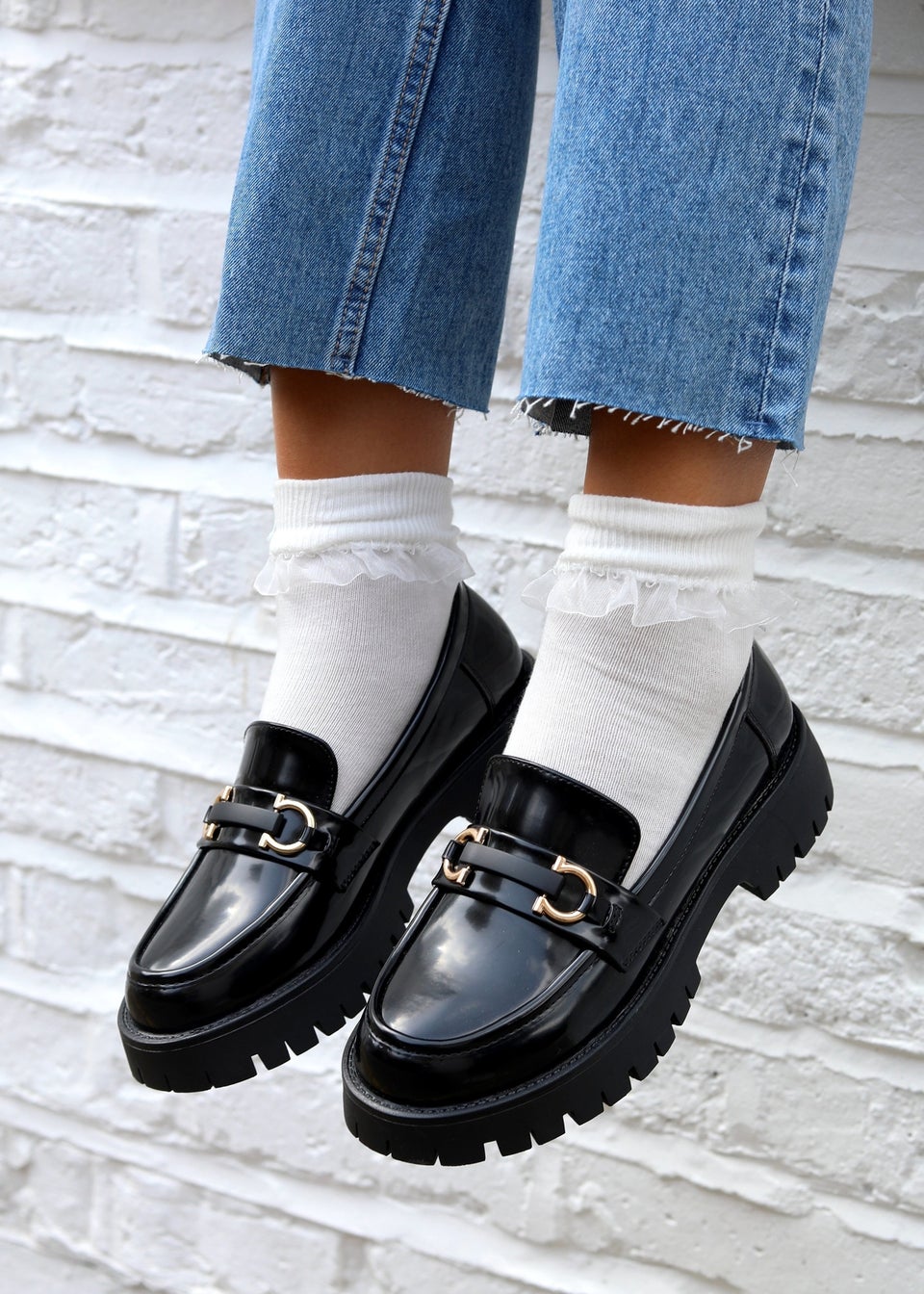 Linzi Maddox Black Faux High Shine Leather Chunky Loafer