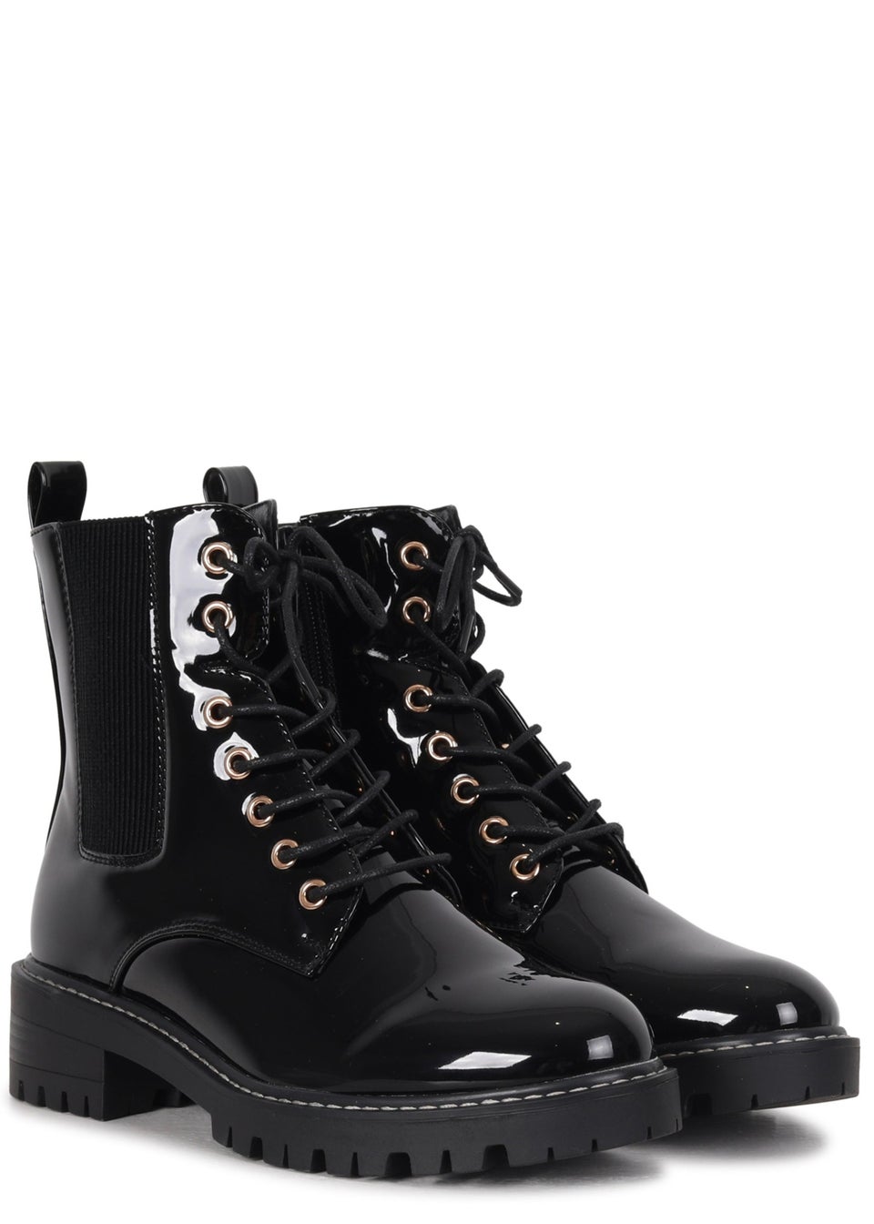 Black patient patent military lace up boots with chunky sole clearance