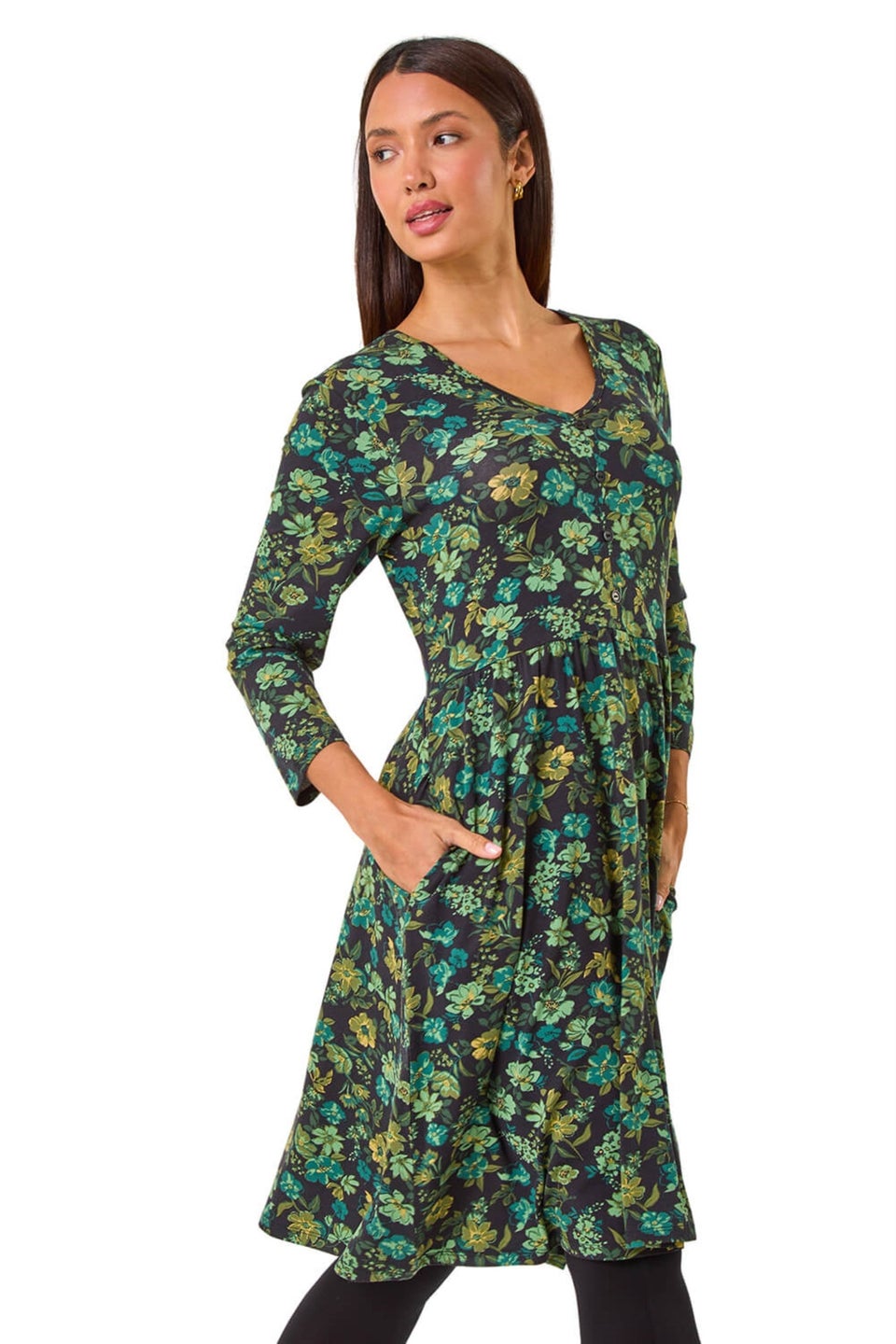 Roman Green Floral Print Button Detail V-Neck Dress