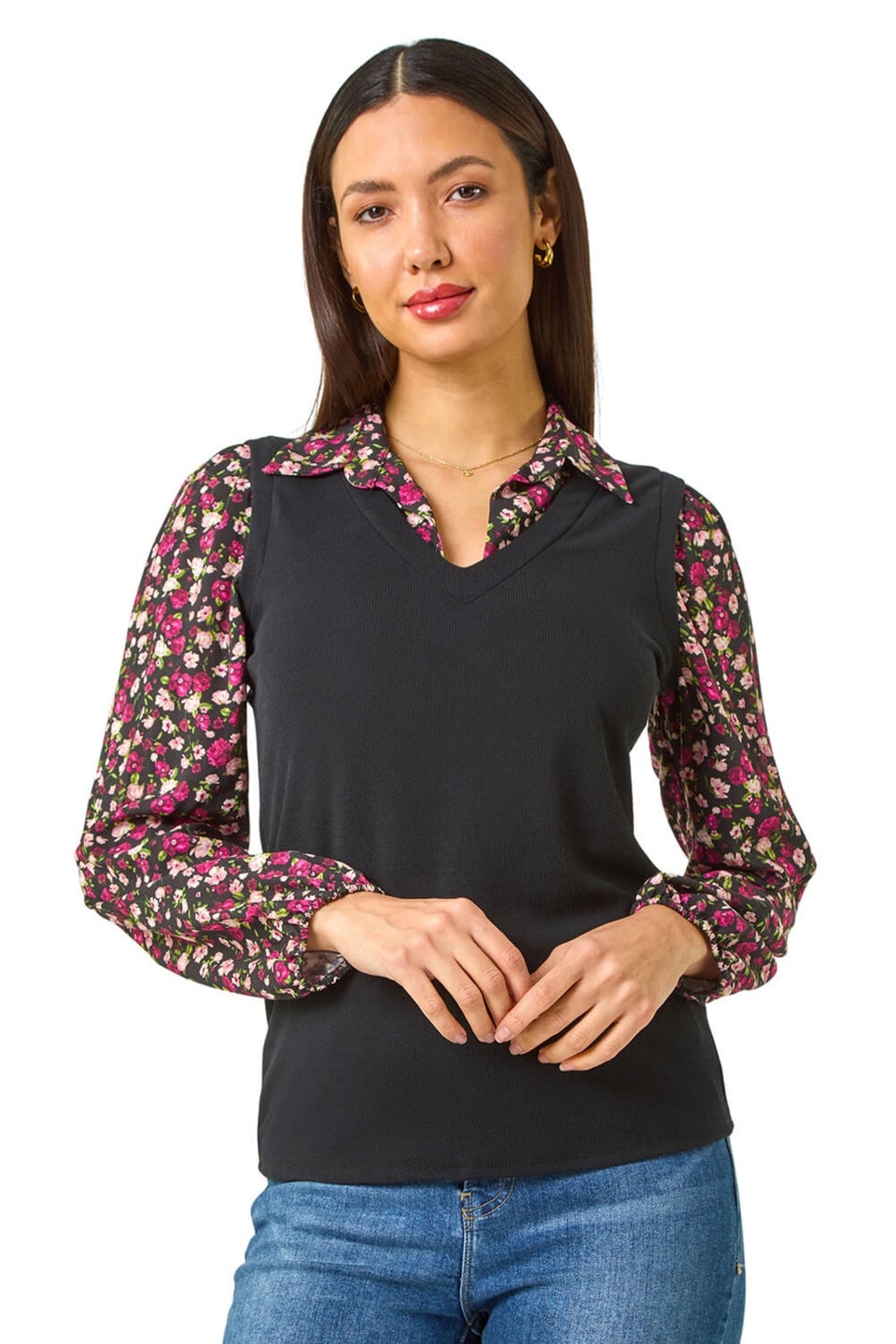 Roman Black Floral Print Sweater Vest Long Sleeve Top