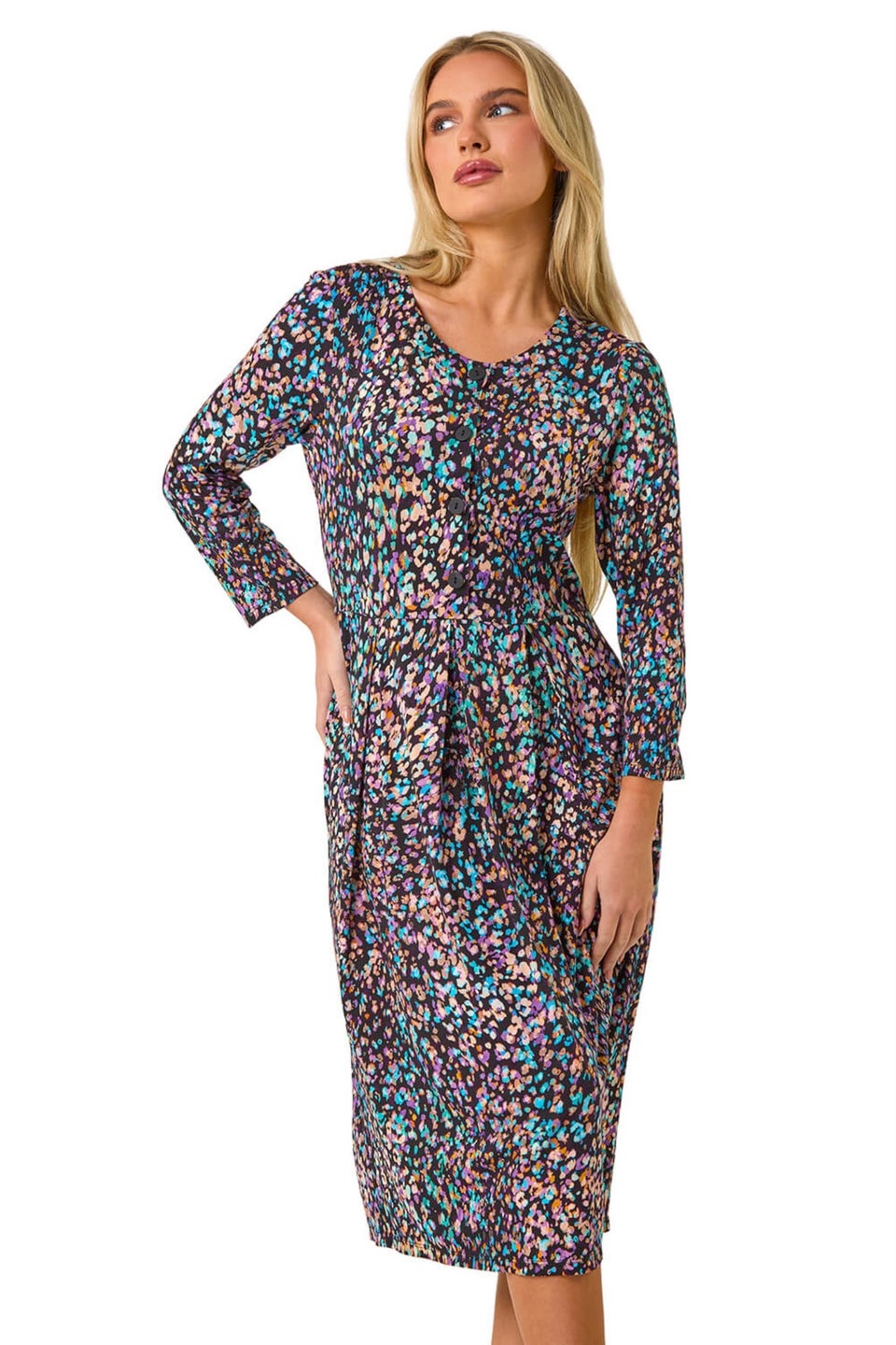 Roman Black Petite Animal Print Button Stretch Midi Dress - Matalan
