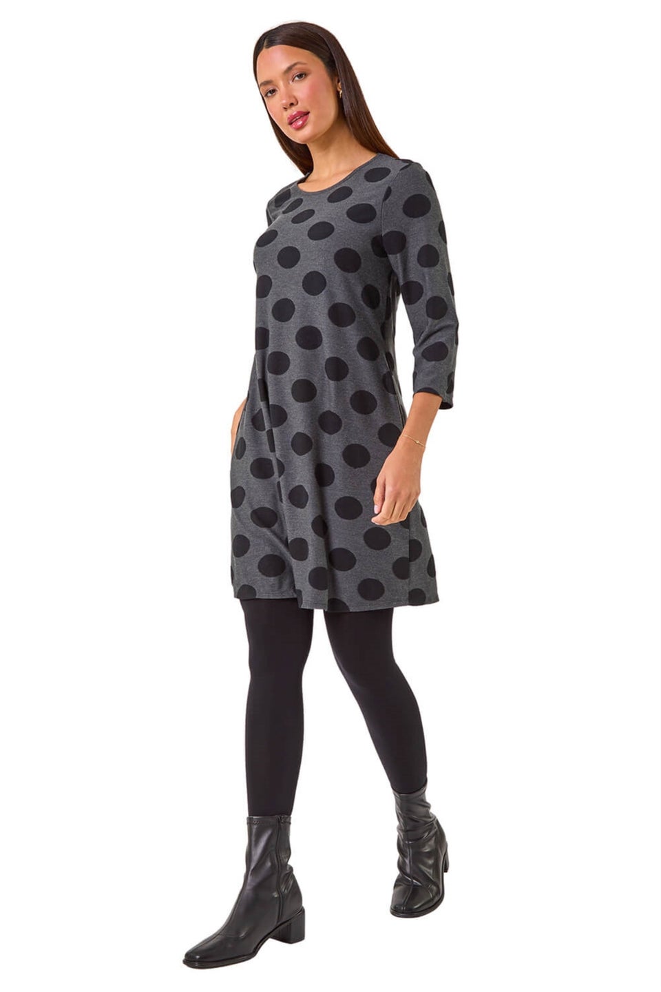 Roman Dark Grey A-Line Spot Print Dress