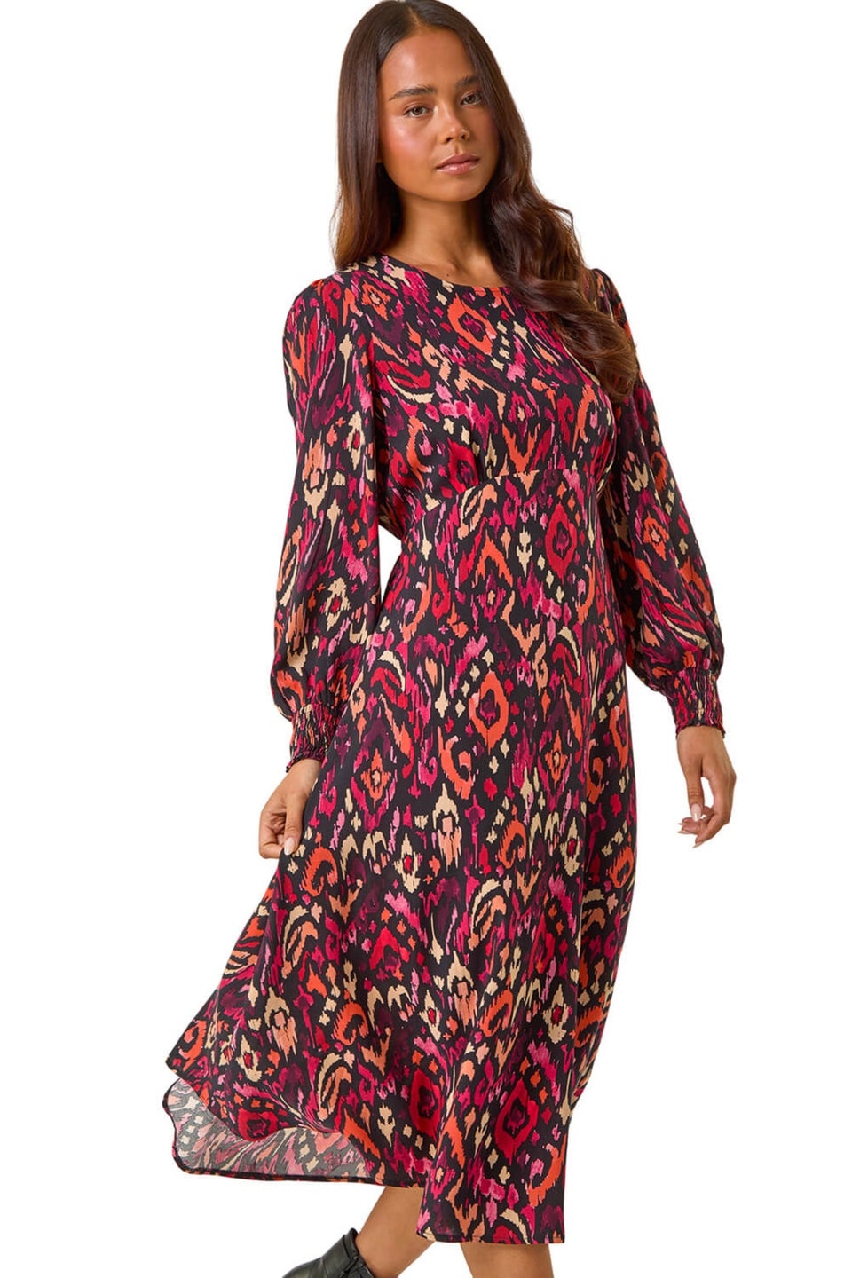 Roman Wine Petite Abstract Print Shirred Cuff Midi Dress