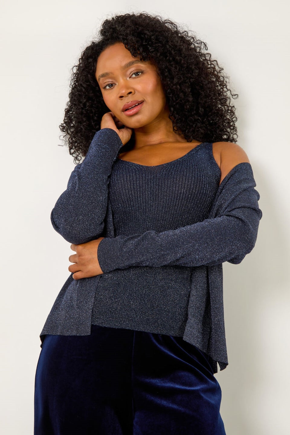 Roman Midnight Petite Sparkle Open Knit Cardigan