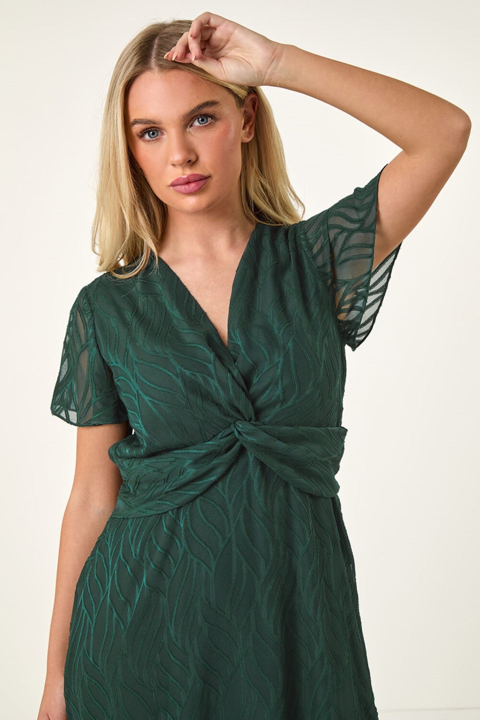 Roman Green Petite Front Twist Jacquard Dress