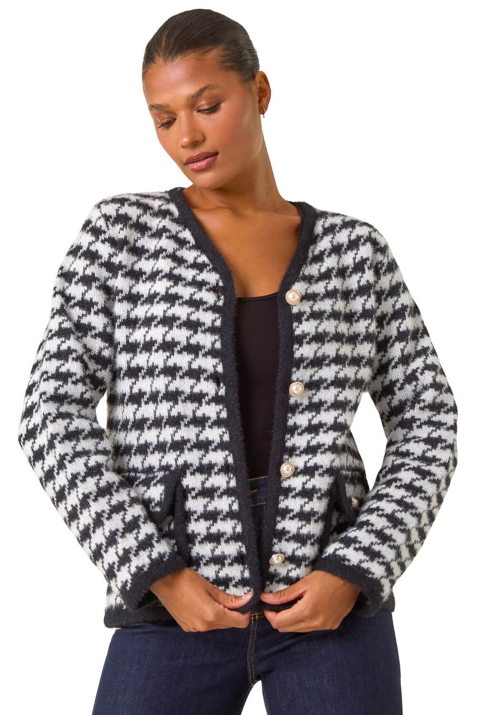 Roman Black Houndstooth Button Cardigan