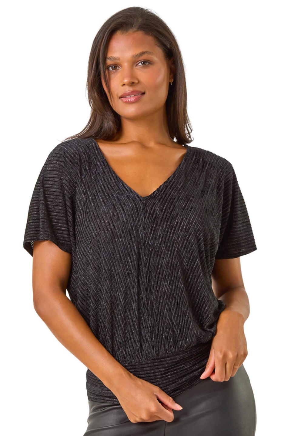 Roman Black Shimmer Velvet V-Neck Banded Hem Top