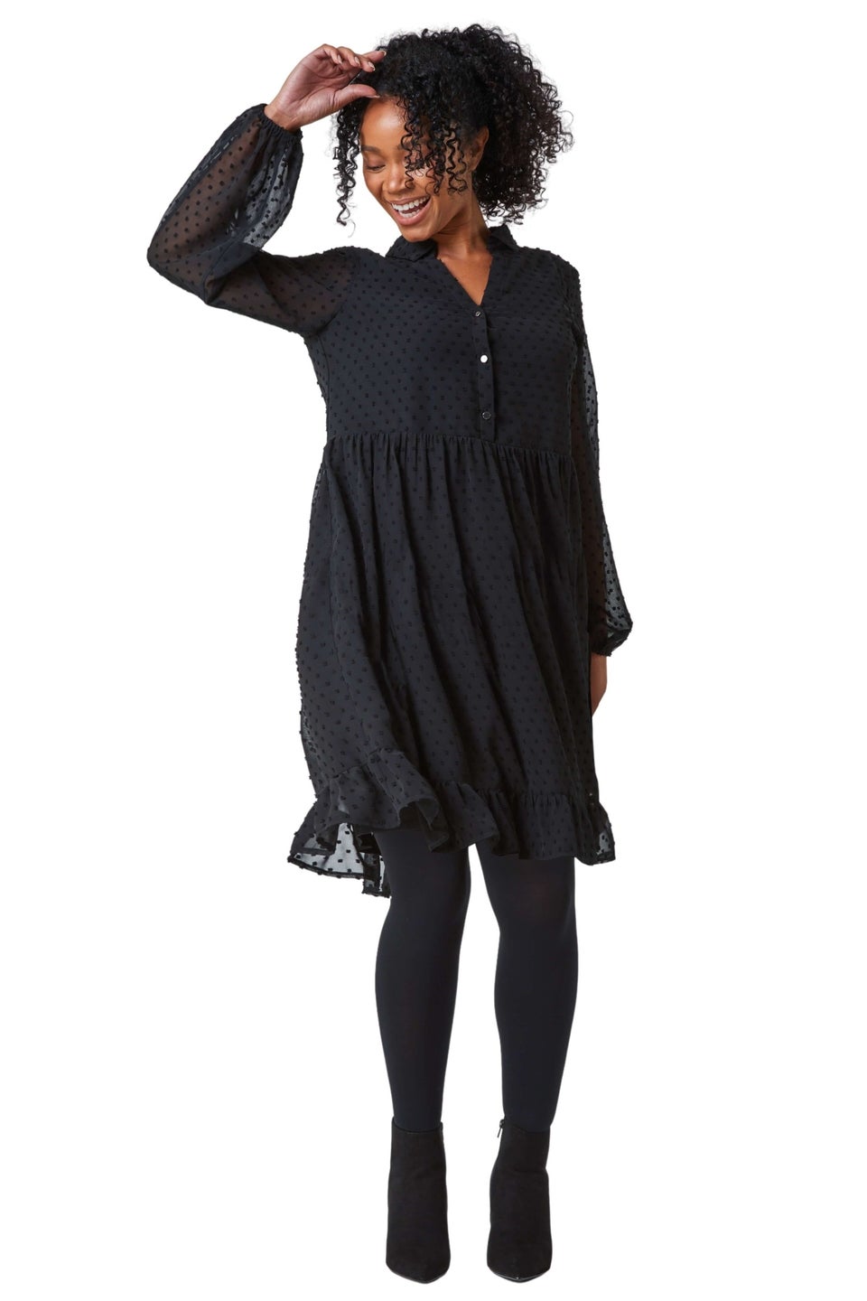Roman Black Petite Textured Spot Chiffon Tiered Dress Matalan