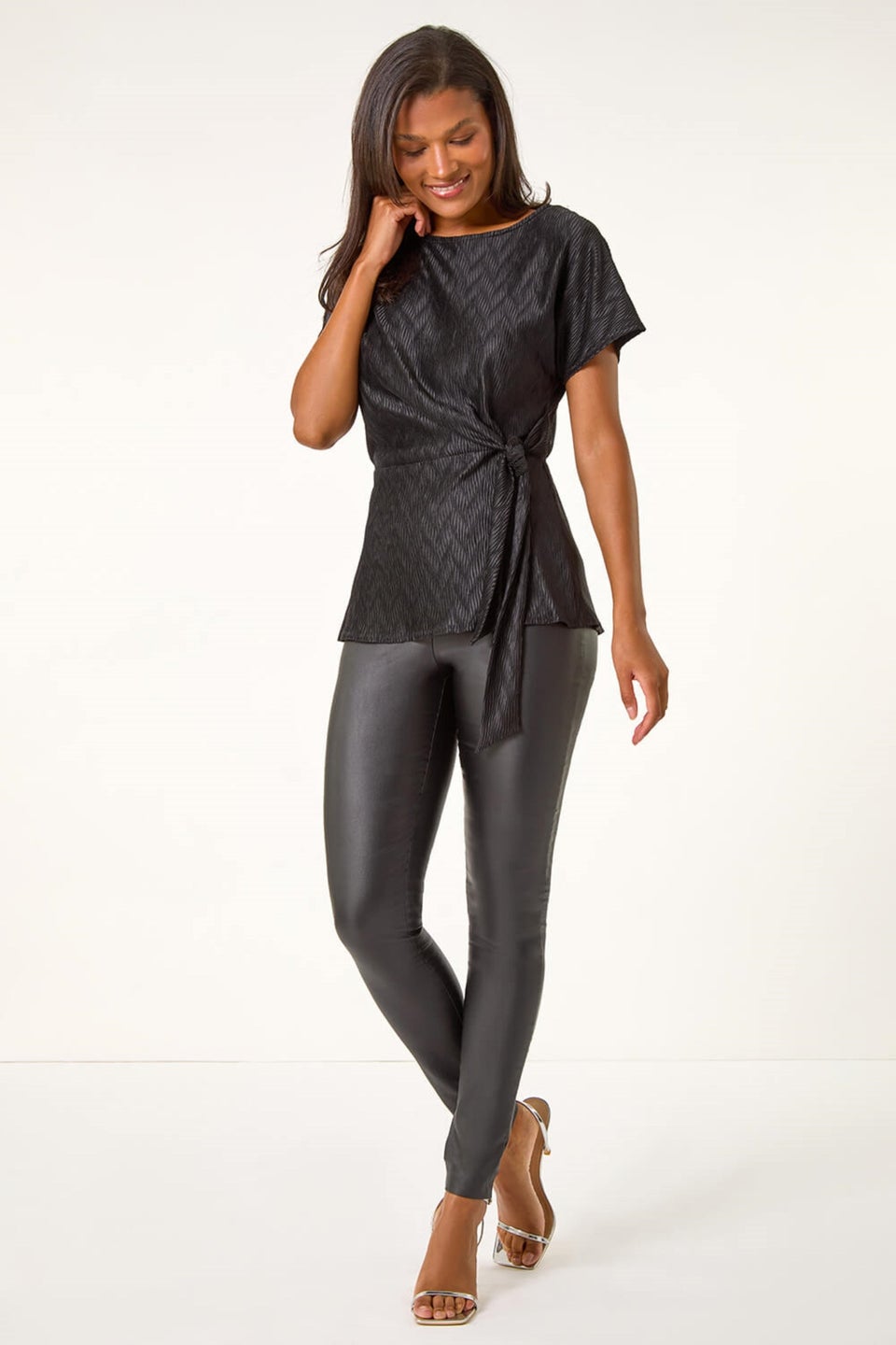 Roman Black Textured Side Tie Tunic Top