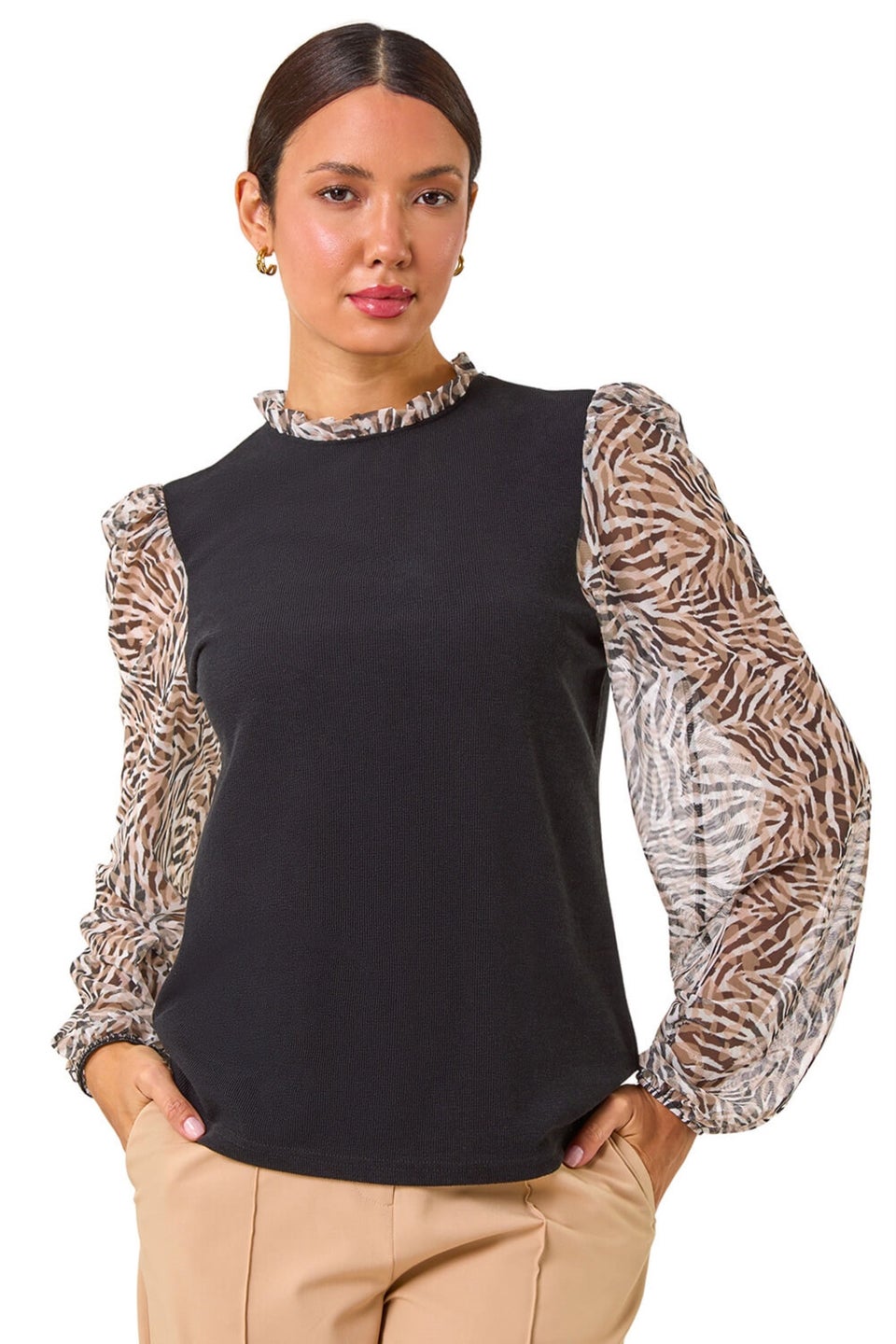 Roman Natural Contrast Animal Print Mesh Stretch Top