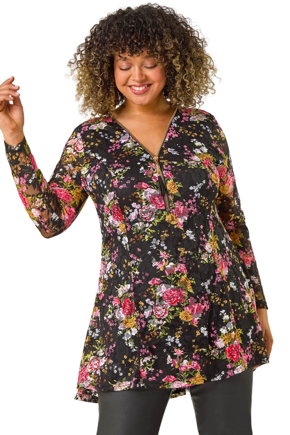 Roman Pink Curve Floral Print V-Neck Zip Front Top