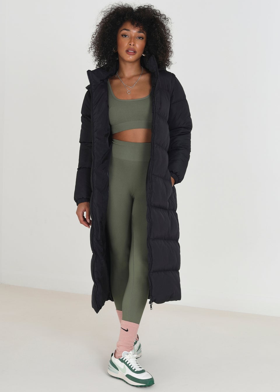 Brave Soul Black Maxi Hooded Puffer Jacket with Detachable Sleeves Matalan