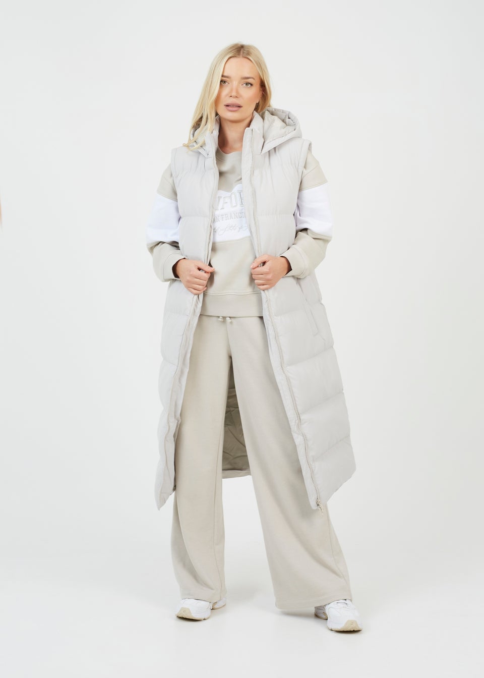 Brave Soul Cream Maxi Hooded Puffer Jacket with Detachable Sleeves