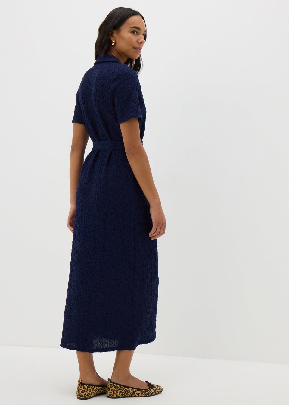 Navy Textured Shirt Midi Dress