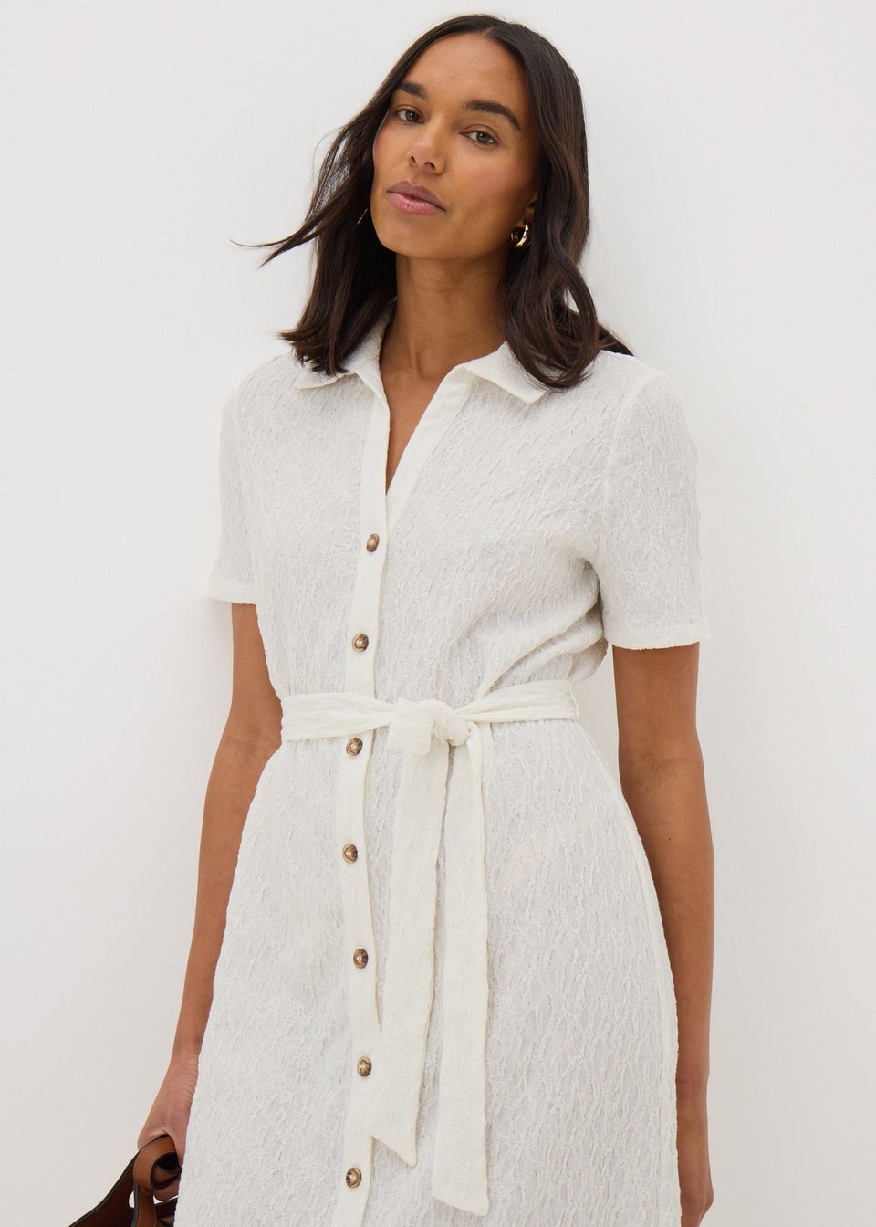 Cream Textured Shirt Midi Dress