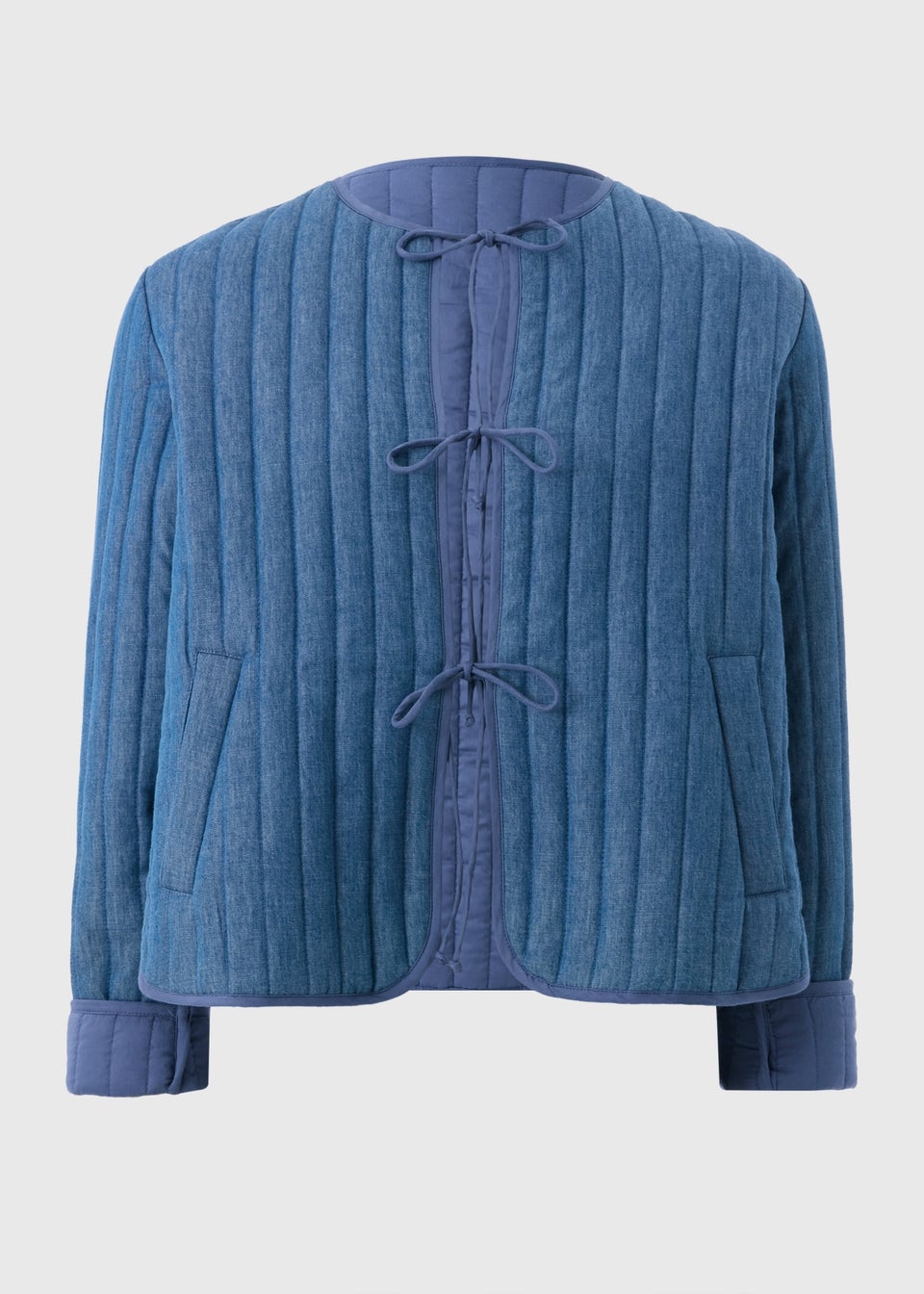 Blue Quilted Denim Tie Front Jacket