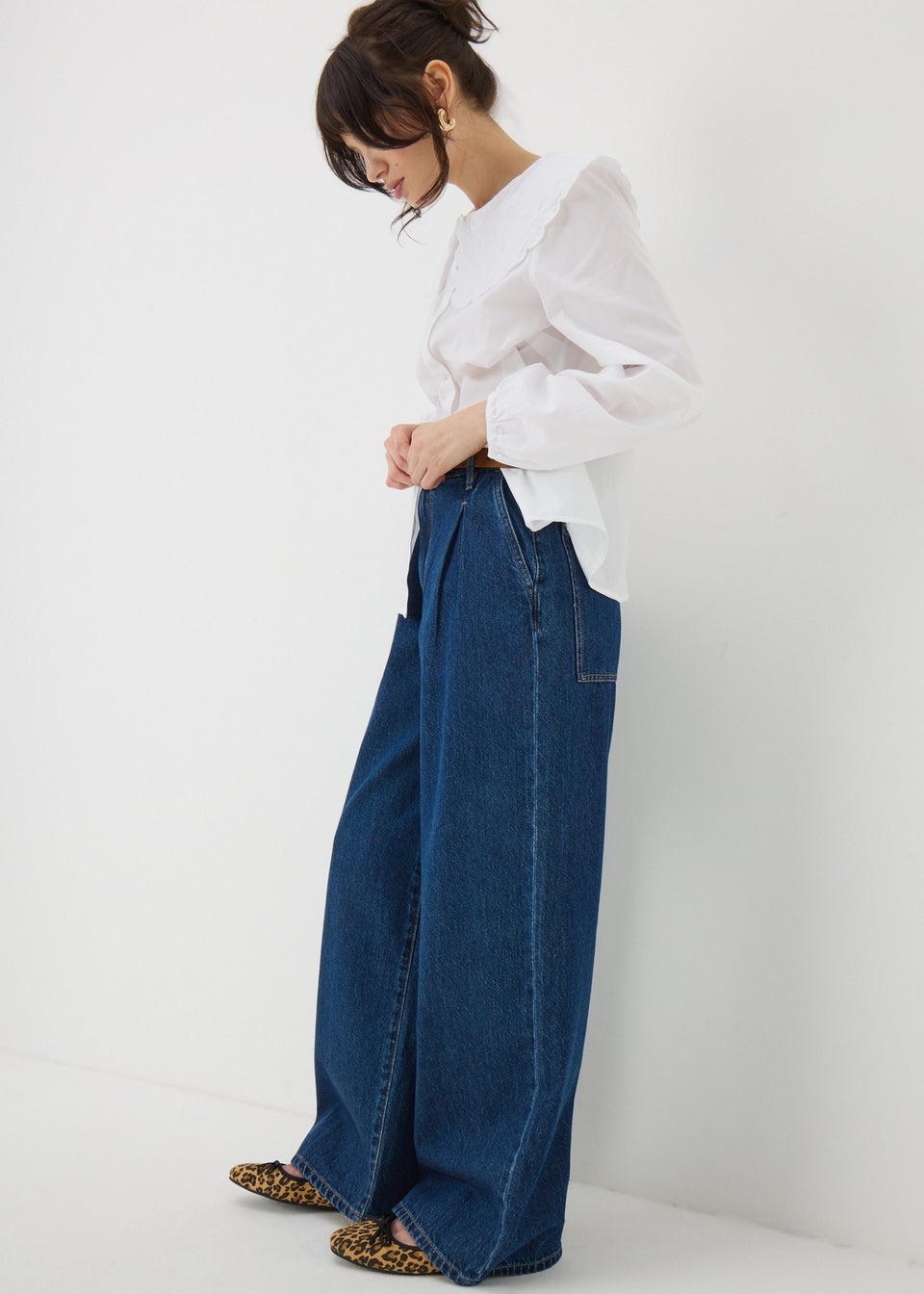 Blue Dark Wash Pleat Wide Leg Jeans