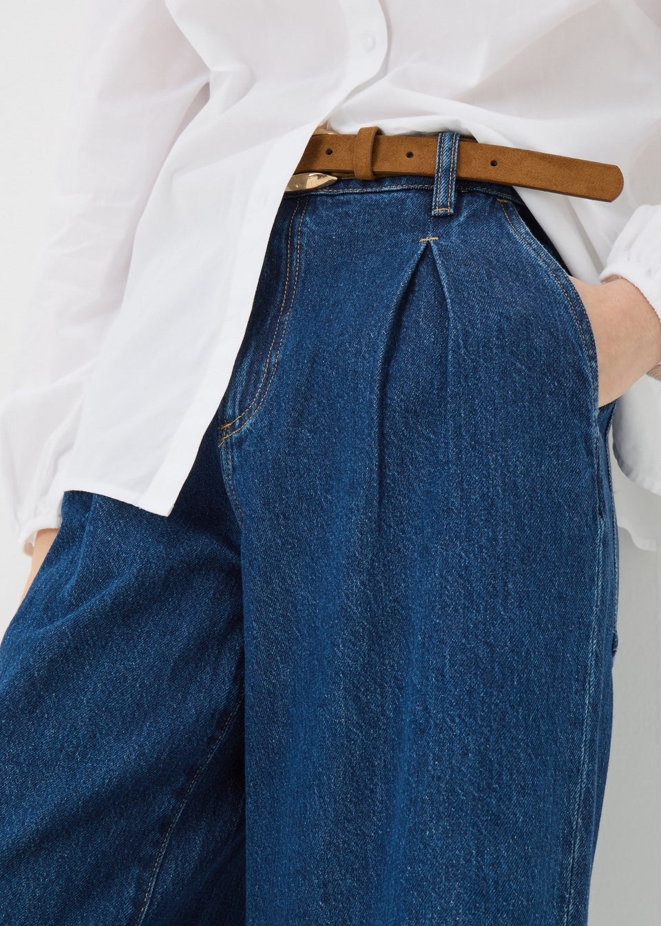 Blue Dark Wash Pleat Wide Leg Jeans