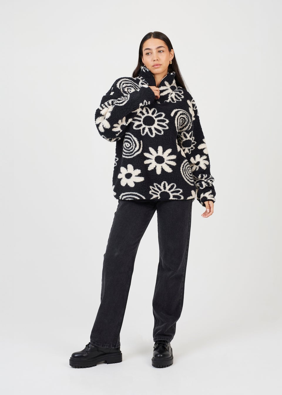 Brave Soul Black Quarter Zip Flower Print Sherpa Fleece