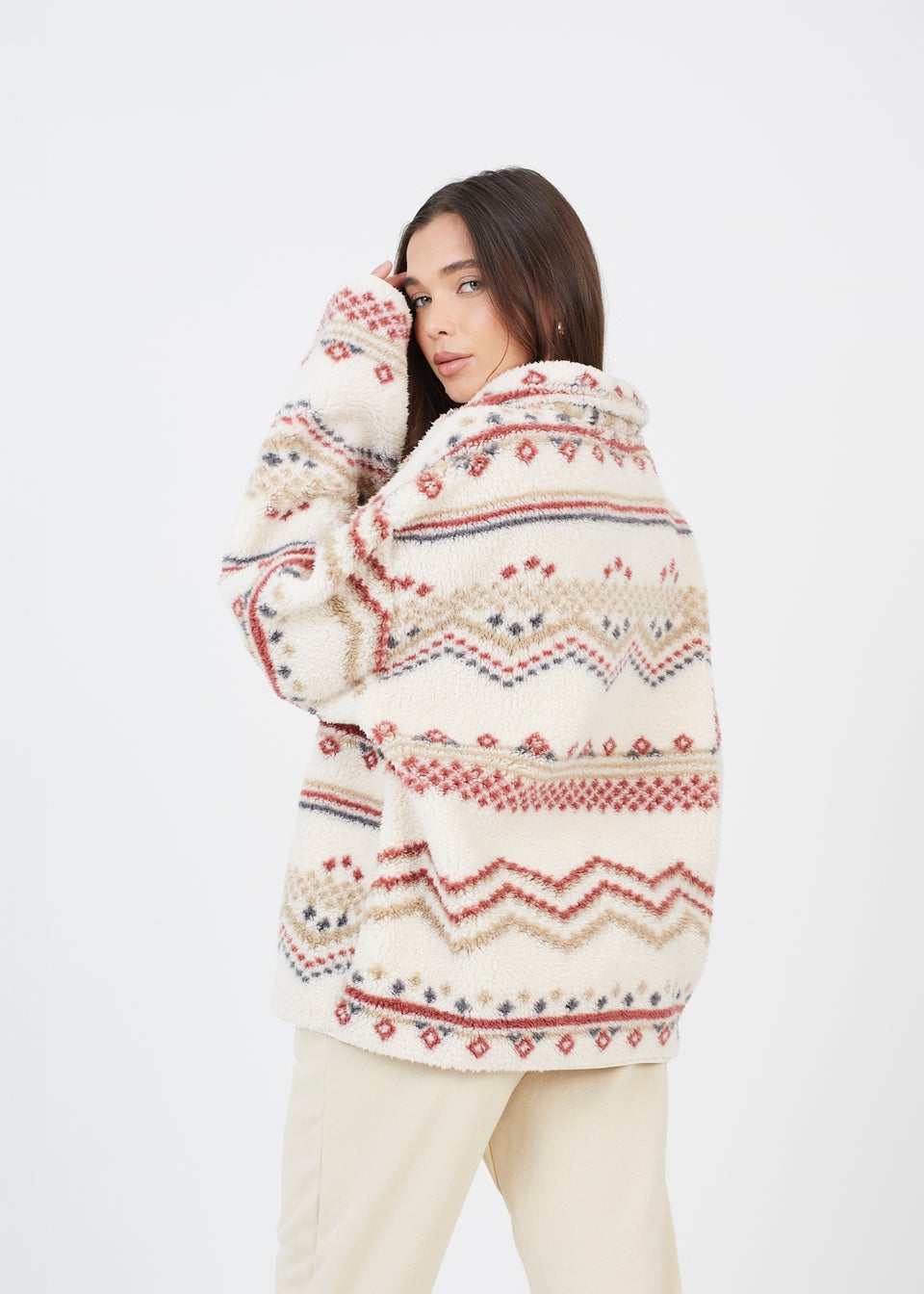 Brave Soul Cream Quarter Zip Printed  Sherpa Fleece