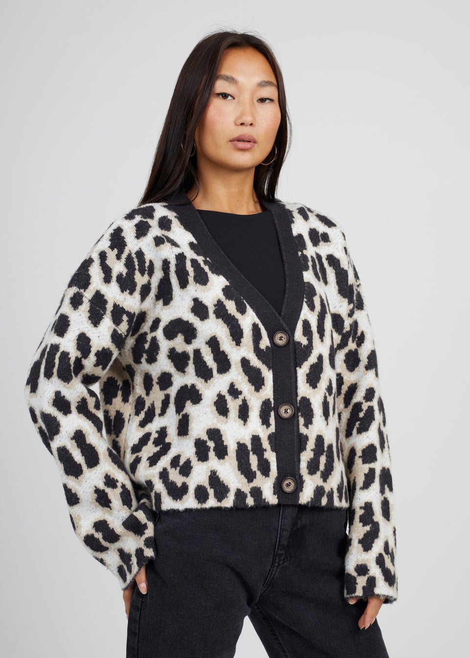 Brave Soul Camel Button Through Animal Print Jacquard Knit Cardigan