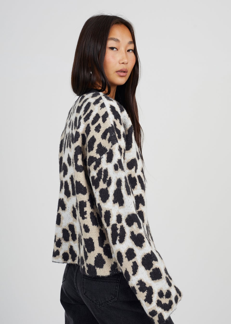 Brave Soul Camel Button Through Animal Print Jacquard Knit Cardigan