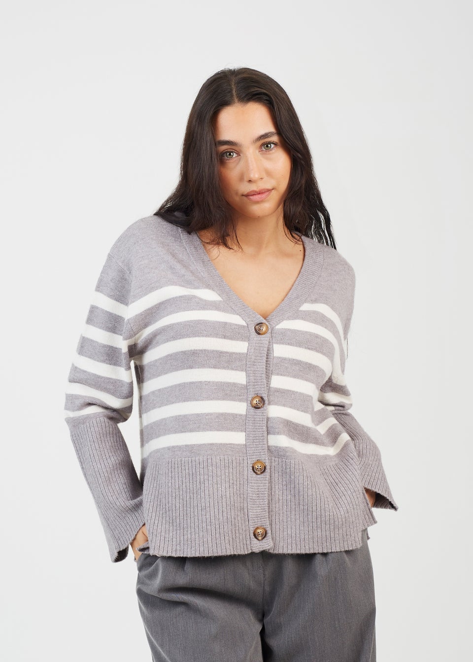 Brave Soul Grey Button Through V-neck Stripe Cardigan