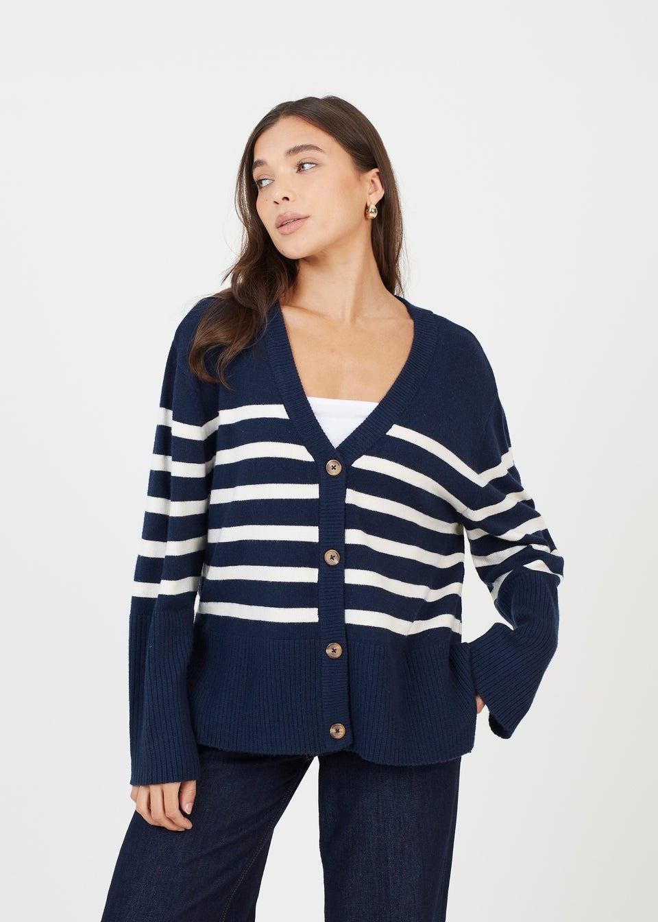 Brave Soul Navy Button Through V neck Stripe Cardigan Matalan