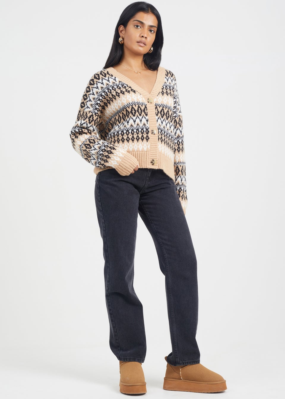 Brave Soul Camel Button Through V-neck Fairisle Cardigan