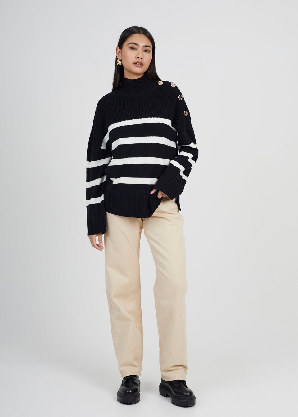 Brave Soul Black Button Detail Striped Turtleneck Jumper