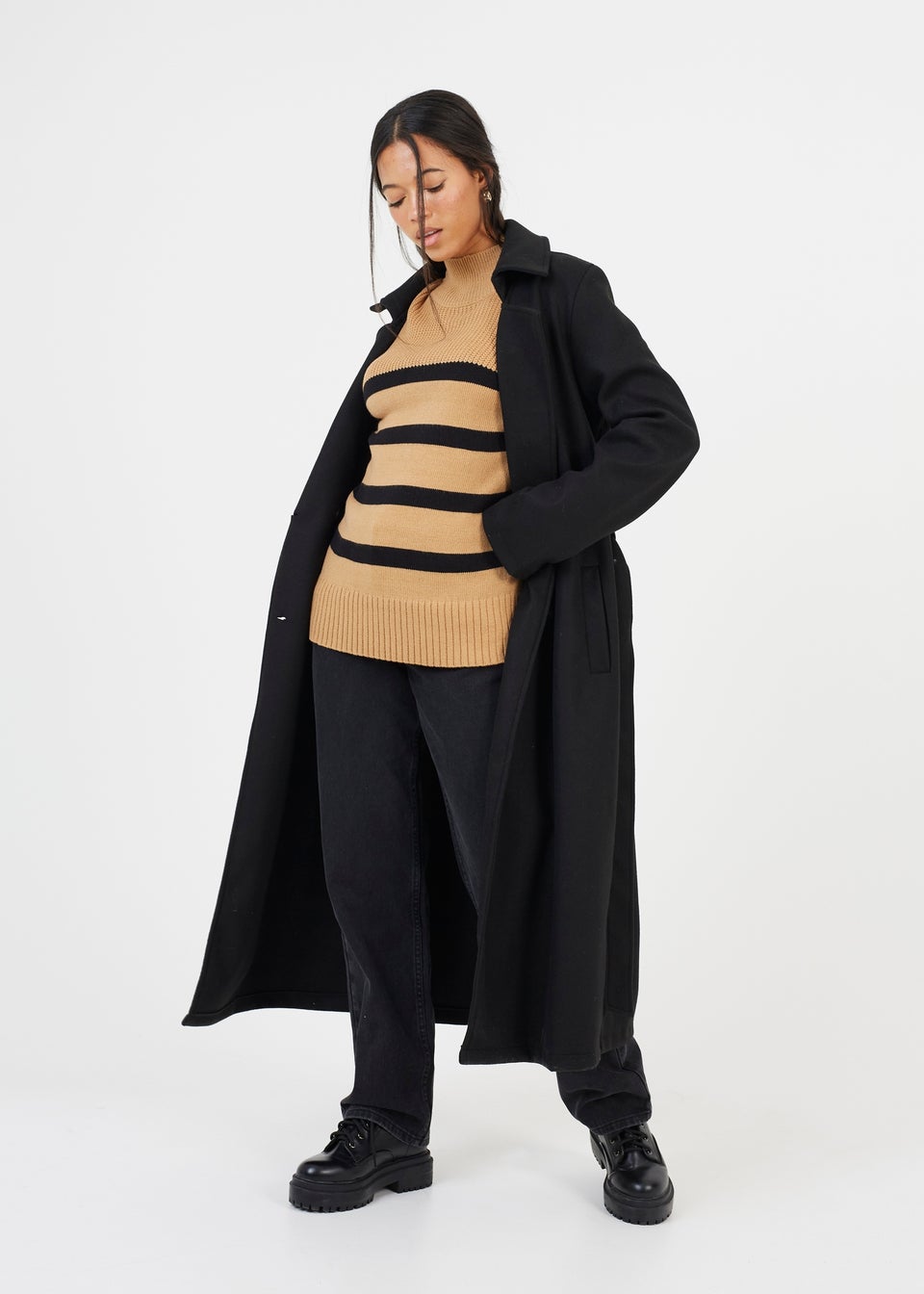 Brave Soul Camel Button Detail Striped Turtleneck Jumper