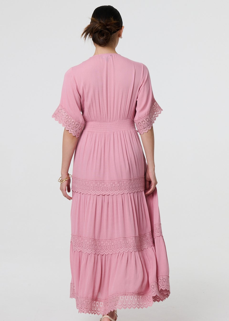 Izabel London Pink Lace Trim Angel Sleeve Maxi Dress