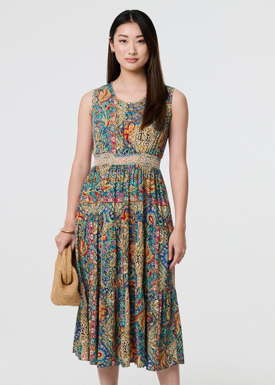 Izabel London Beige Mosaic Print Sleeveless Midi Smock Dress