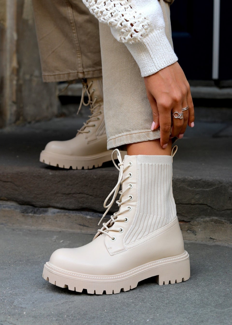 Linzi Blizzard Beige Faux Leather And Knit Chunky Military Boots Matalan