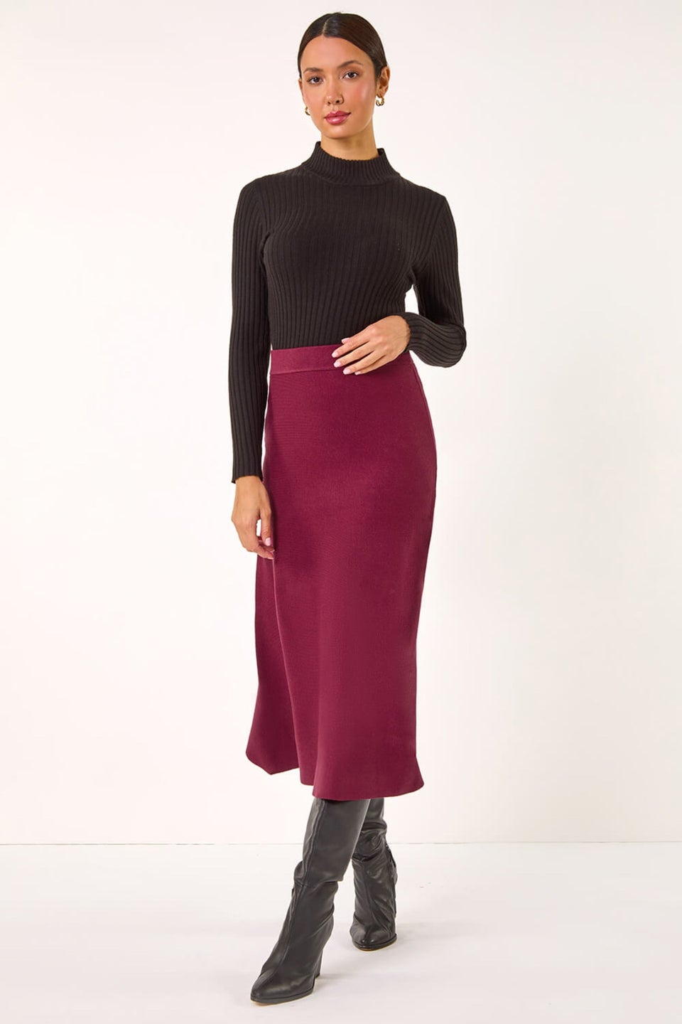 Roman Wine Knitted Midi Stretch Skirt