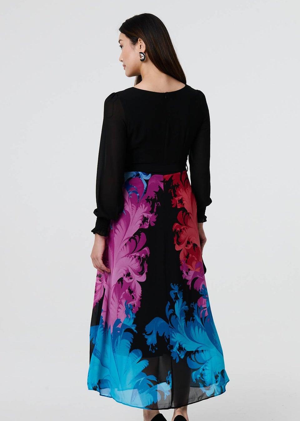Izabel London Black Floral Contrast Print Tie Waist Midi Dress - Matalan