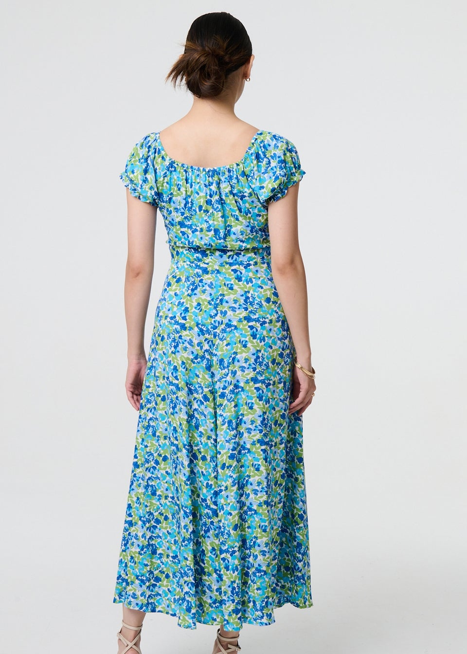 Izabel London Blue Ditsy Floral Bardot Smock Midi Dress