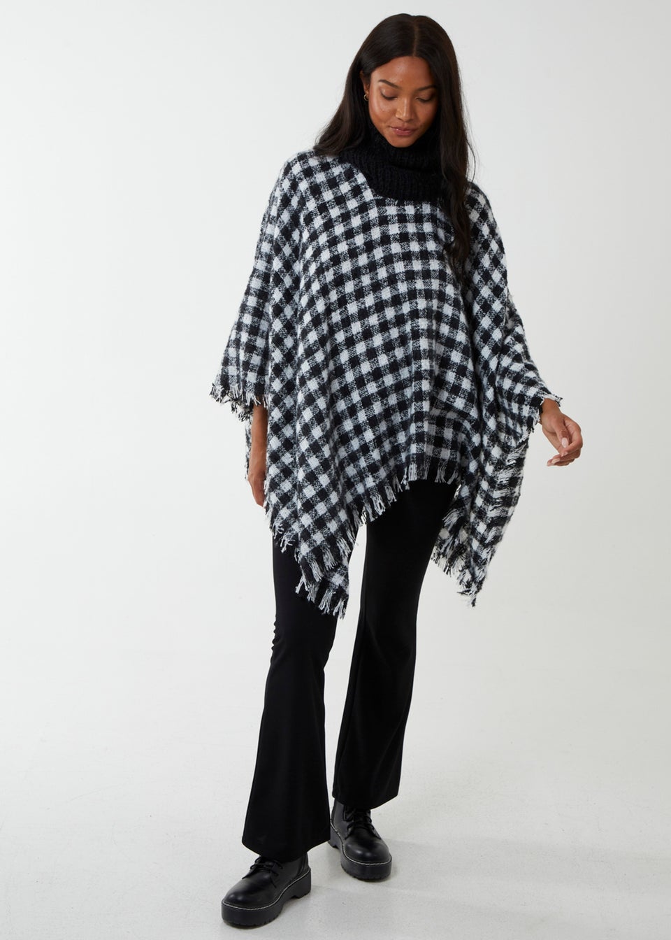 Blue Vanilla Black Check Roll Neck Poncho