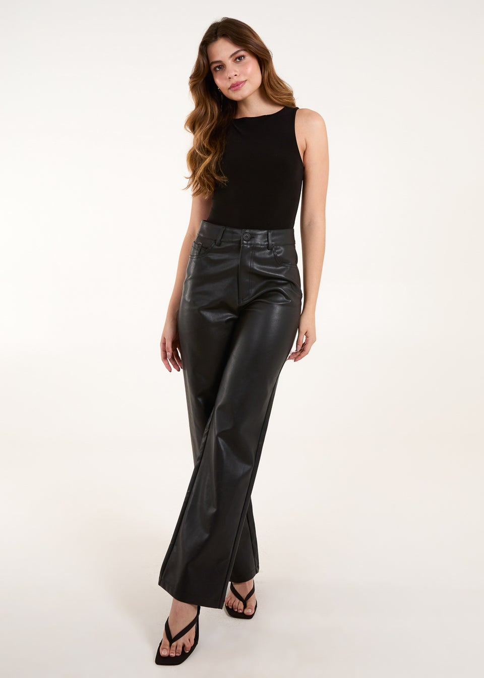 Black leather wide leg trousers clearance