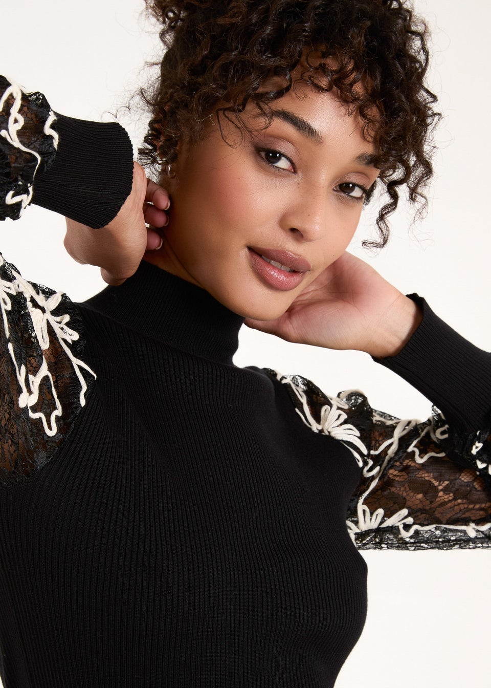 Blue Vanilla Black Lace Sleeve High Neck Jumper Matalan