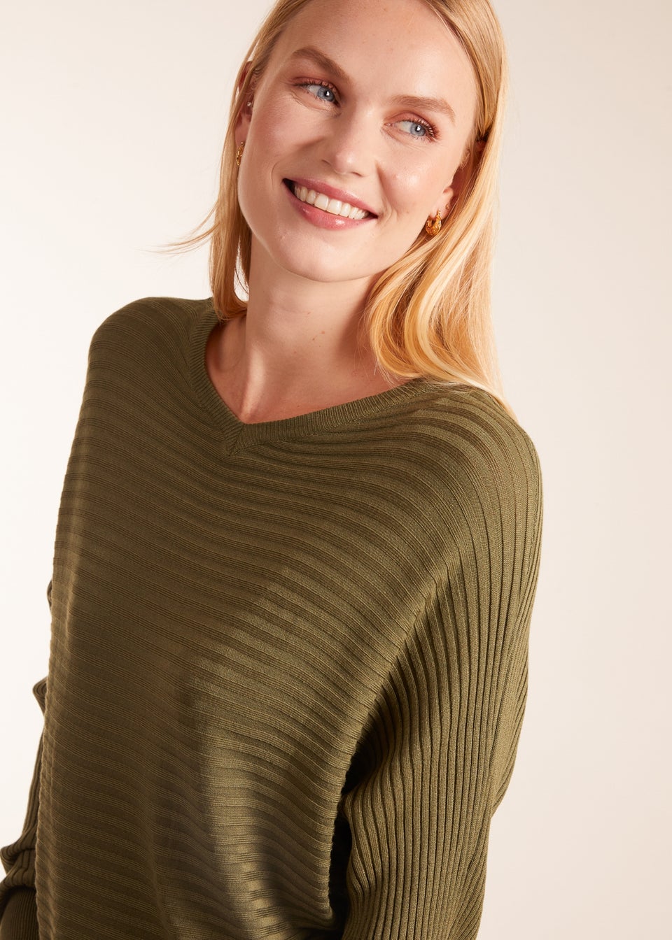 Blue Vanilla Khaki Ribbed Batwing Jumper