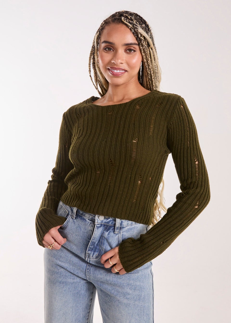 Pink Vanilla Khaki Distressed Long Sleeve Knitted Jumper
