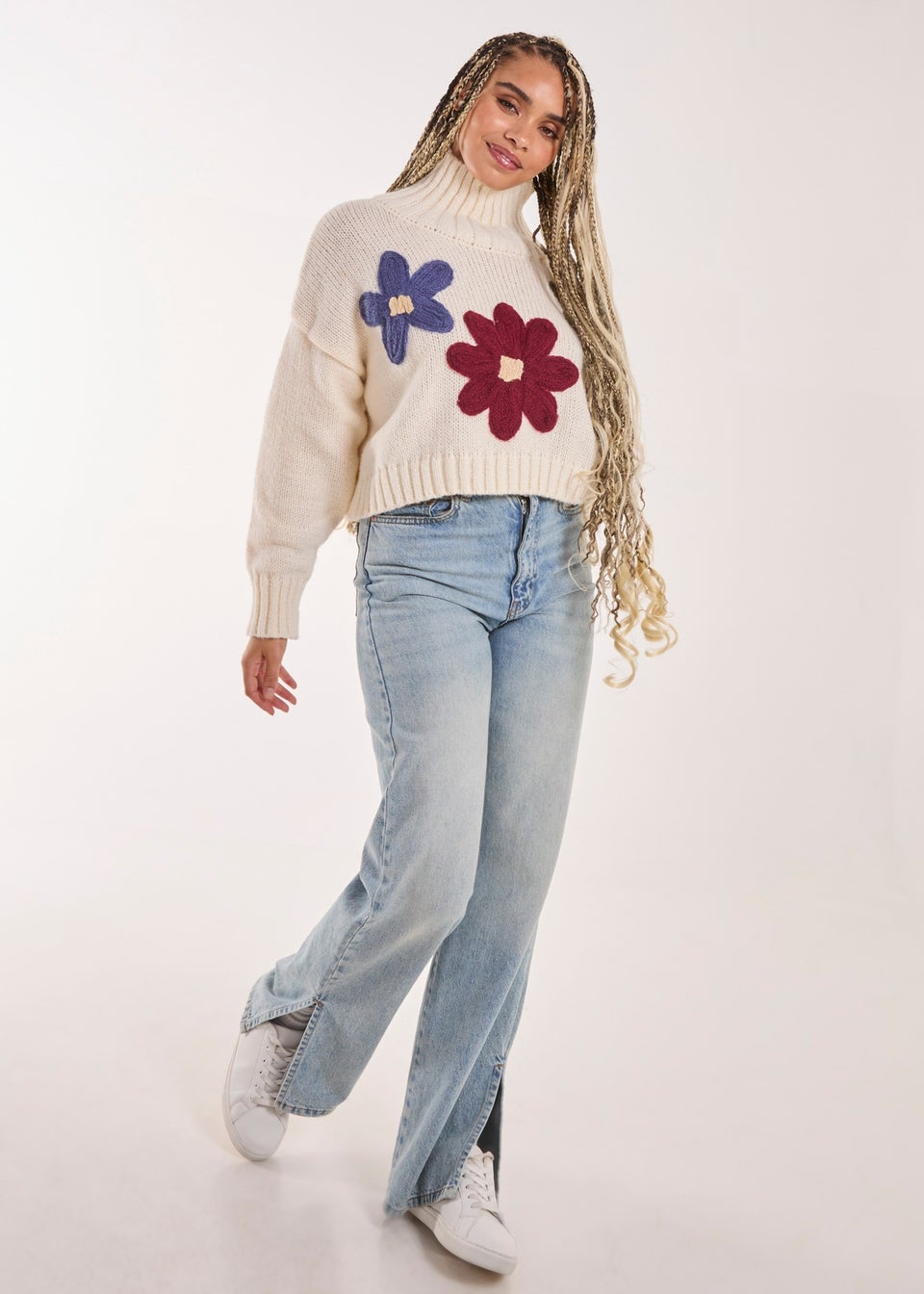 Pink Vanilla Ivory Embroiderie Flower High Neck Jumper