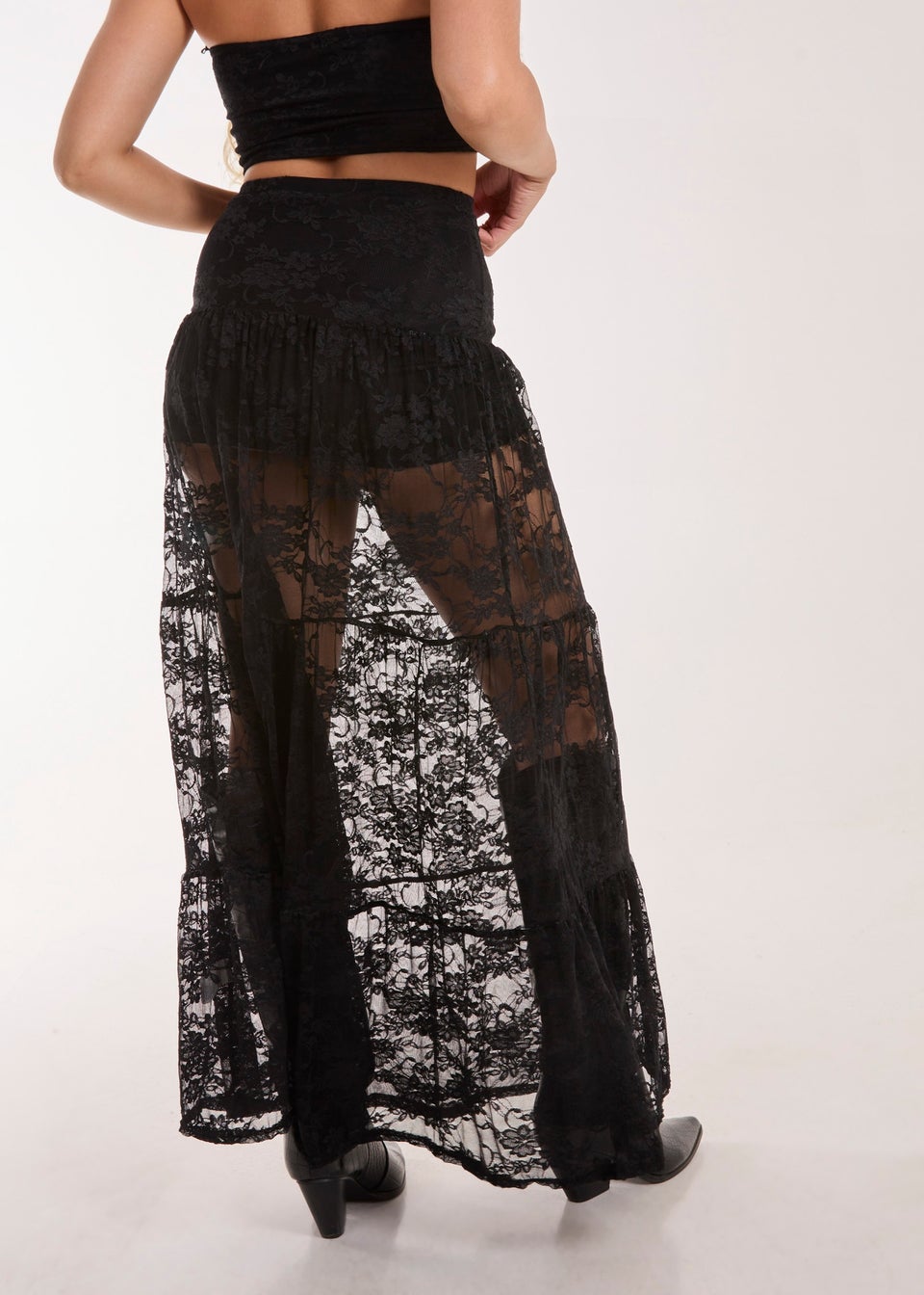 Pink Vanilla Black Lace Tiered Maxi Skirt Matalan